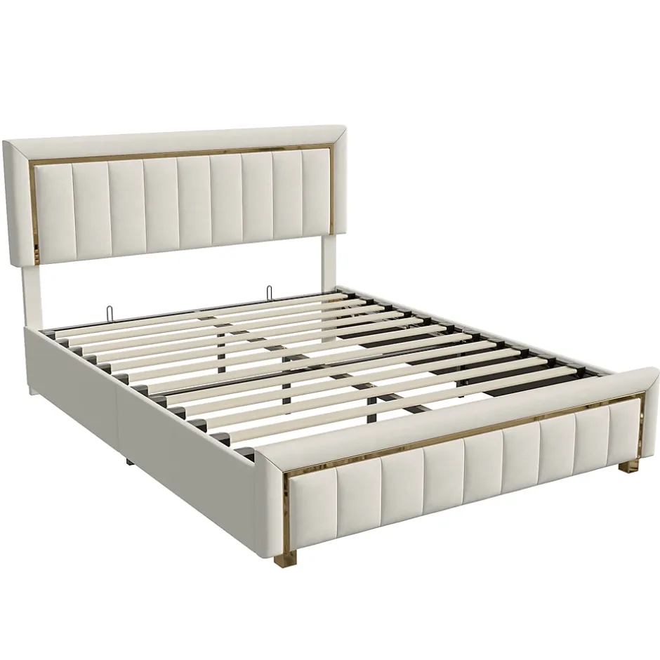 Simple Life Lit 160x200 Cm, Lit Coffre Avec Rangement, Cadre De Lit Avec Tête De Lit, Velours, Beige Online