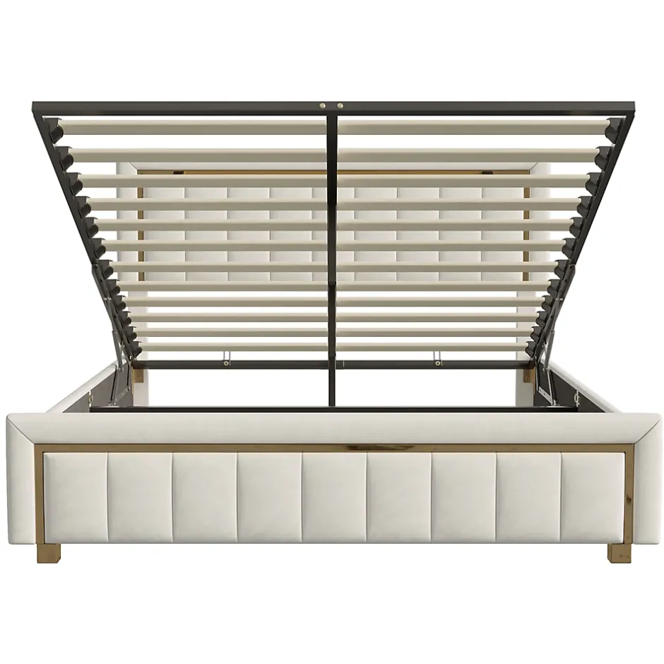 Fortuna lai Lit 160x200 cm, Lit Coffre avec Rangement, Cadre de lit avec tête de Lit, Velours, Beige New