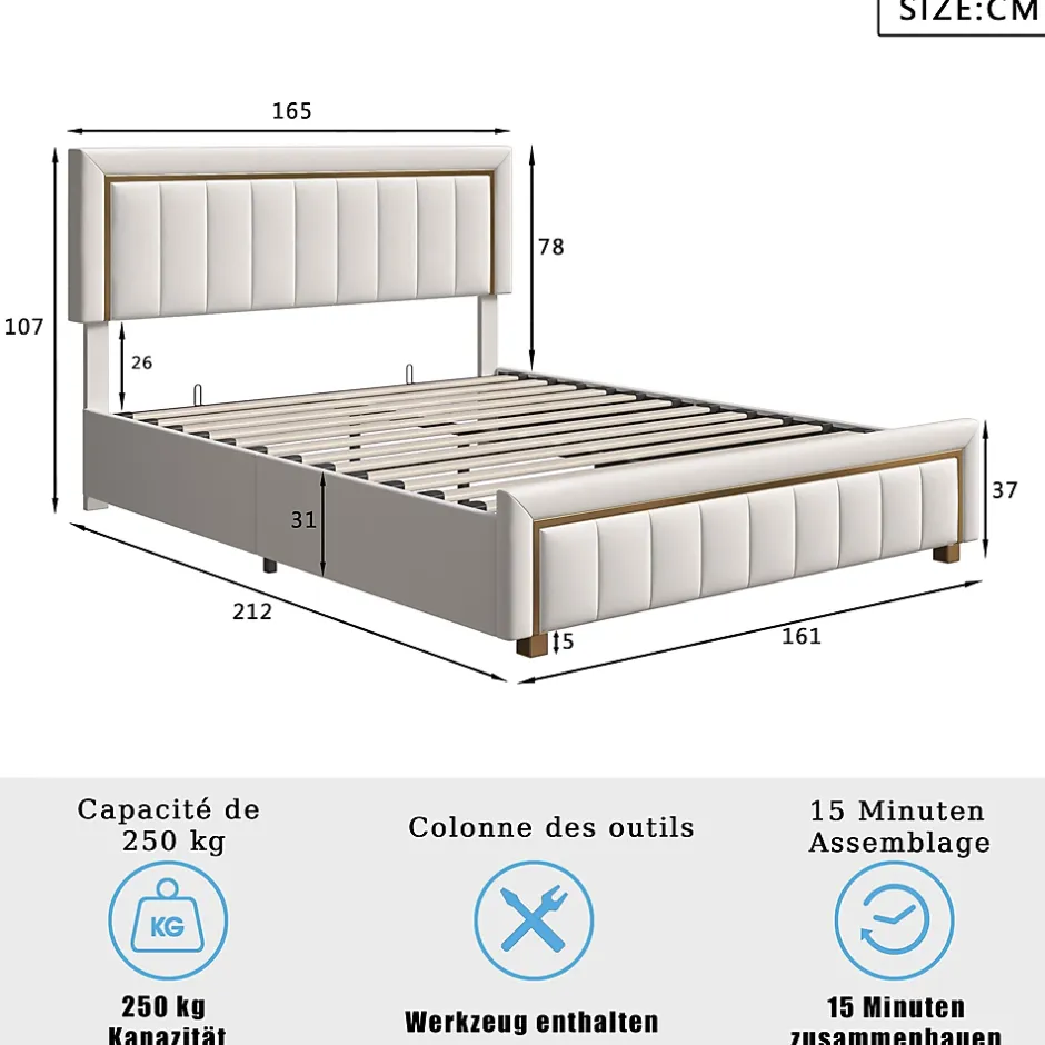 Simple Life Lit 160x200 cm, lit coffre, cadre de lit avec tête de lit, velours, beige Outlet