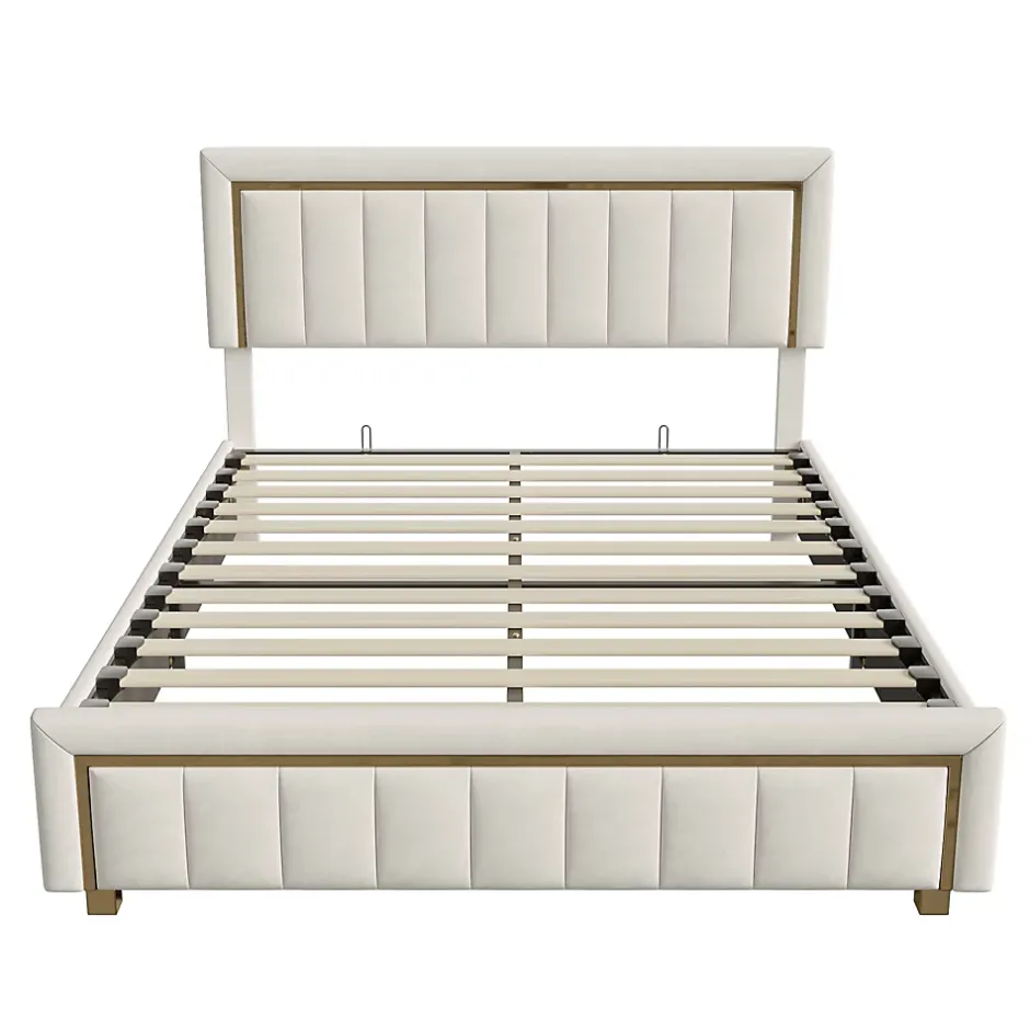 Simple Life Lit 160x200 cm, lit coffre, cadre de lit avec tête de lit, velours, beige Outlet