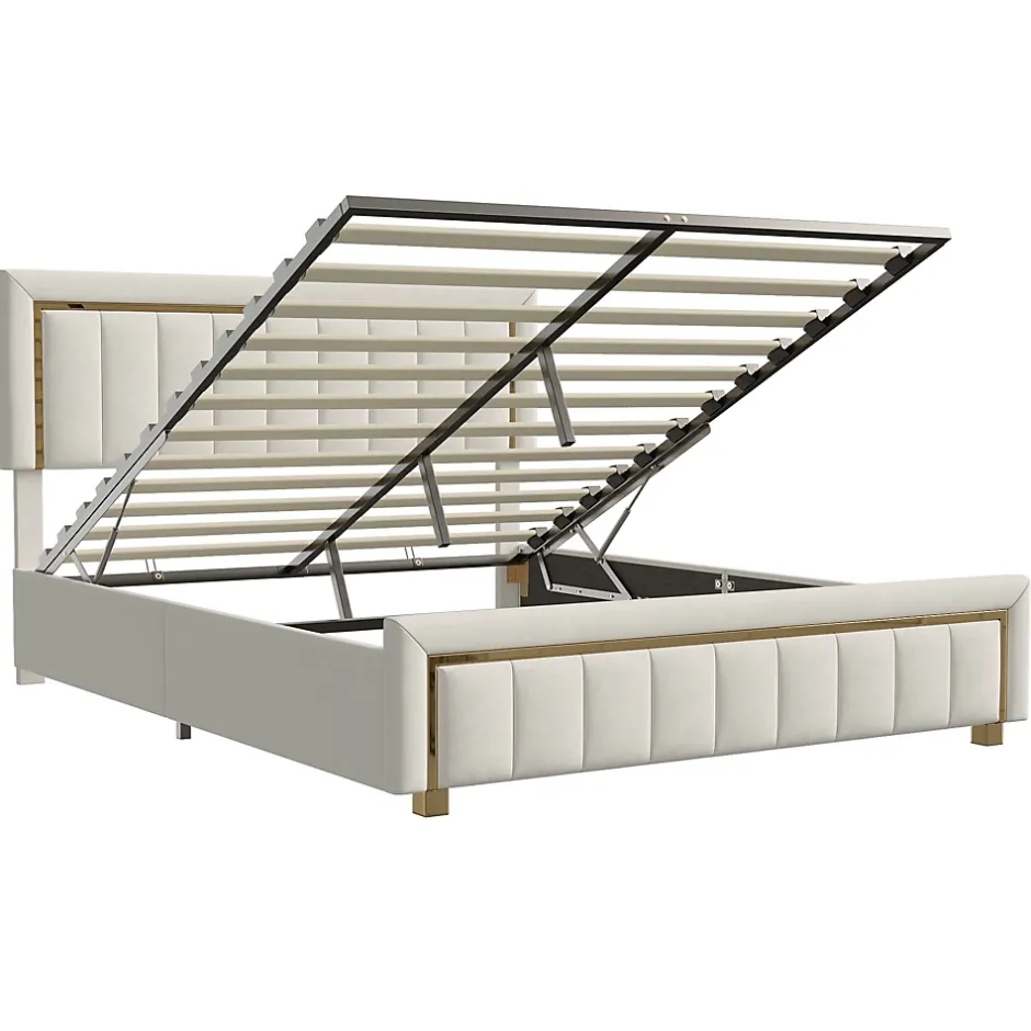 Simple Life Lit 160x200 cm, lit coffre, cadre de lit avec tête de lit, velours, beige Outlet