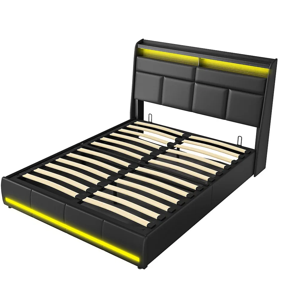 Generique Lit 140x200 cm, Lit rembourré avec lumières LED, Lit à Fonction hydraulique lit d'appoint, pour Adultes, PU, Noir