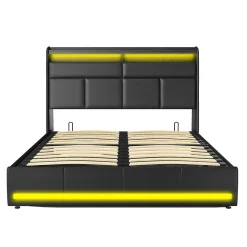 Generique Lit 140x200 cm, Lit rembourré avec lumières LED, Lit à Fonction hydraulique lit d'appoint, pour Adultes, PU, Noir