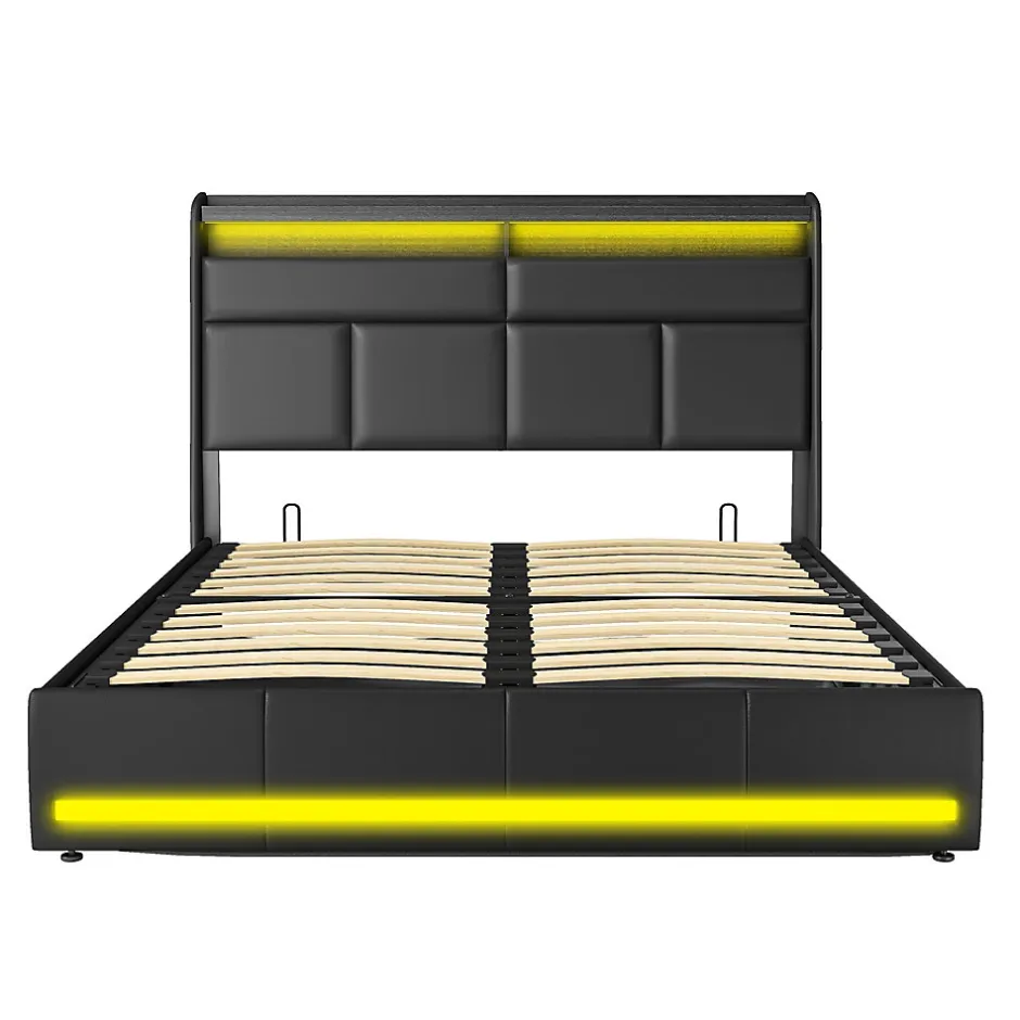 Generique Lit 140x200 cm, Lit rembourré avec lumières LED, Lit à Fonction hydraulique lit d'appoint, pour Adultes, PU, Noir