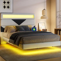 Simple Life Lit 160x200 cm, MDF, avec USB et éclairage LED, Cadre de lit, lit flottant avec Tête de lit triangle, - Blanc