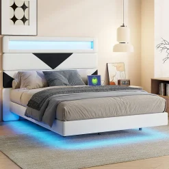 Simple Life Lit 160x200 cm, MDF, avec USB et éclairage LED, Cadre de lit, lit flottant avec Tête de lit triangle, - Blanc