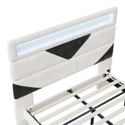 Simple Life Lit 160x200 cm, MDF, avec USB et éclairage LED, Cadre de lit, lit flottant avec Tête de lit triangle, - Blanc
