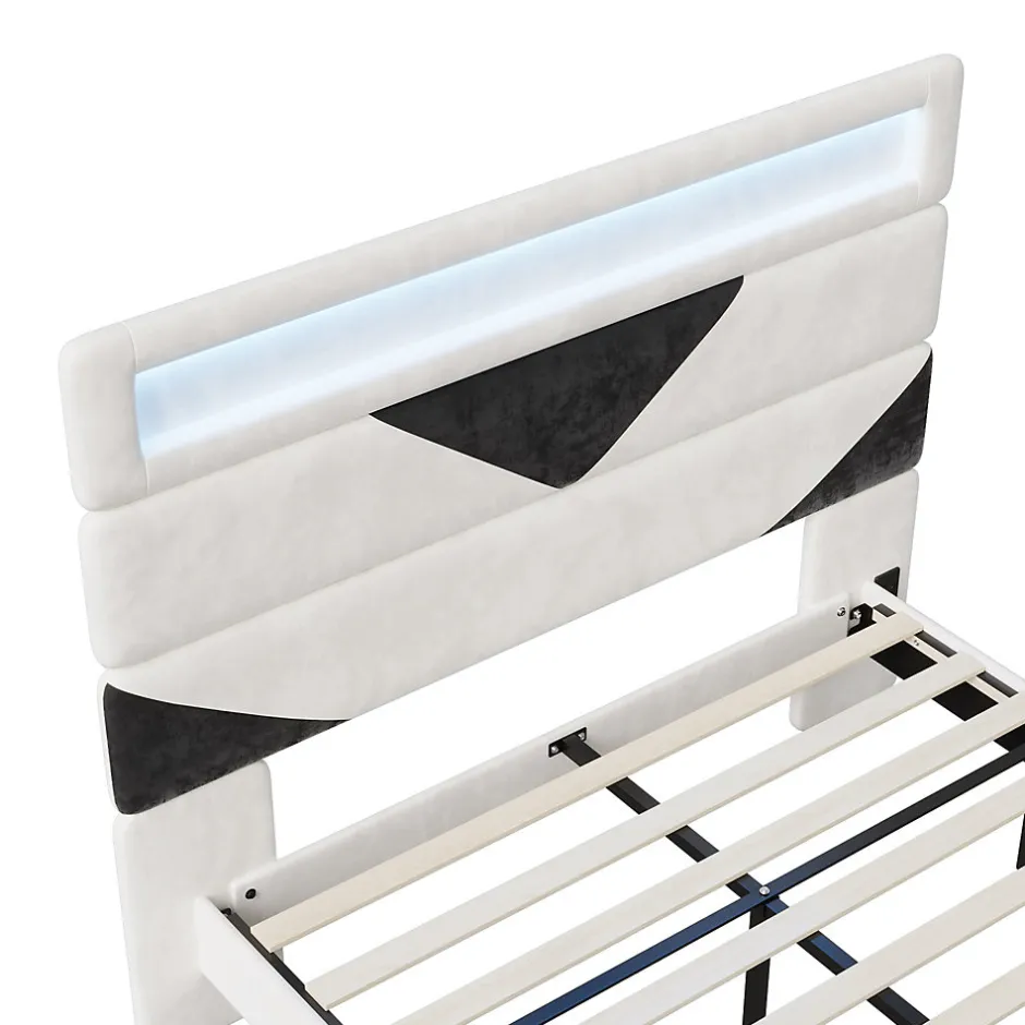 Simple Life Lit 160x200 cm, MDF, avec USB et éclairage LED, Cadre de lit, lit flottant avec Tête de lit triangle, - Blanc