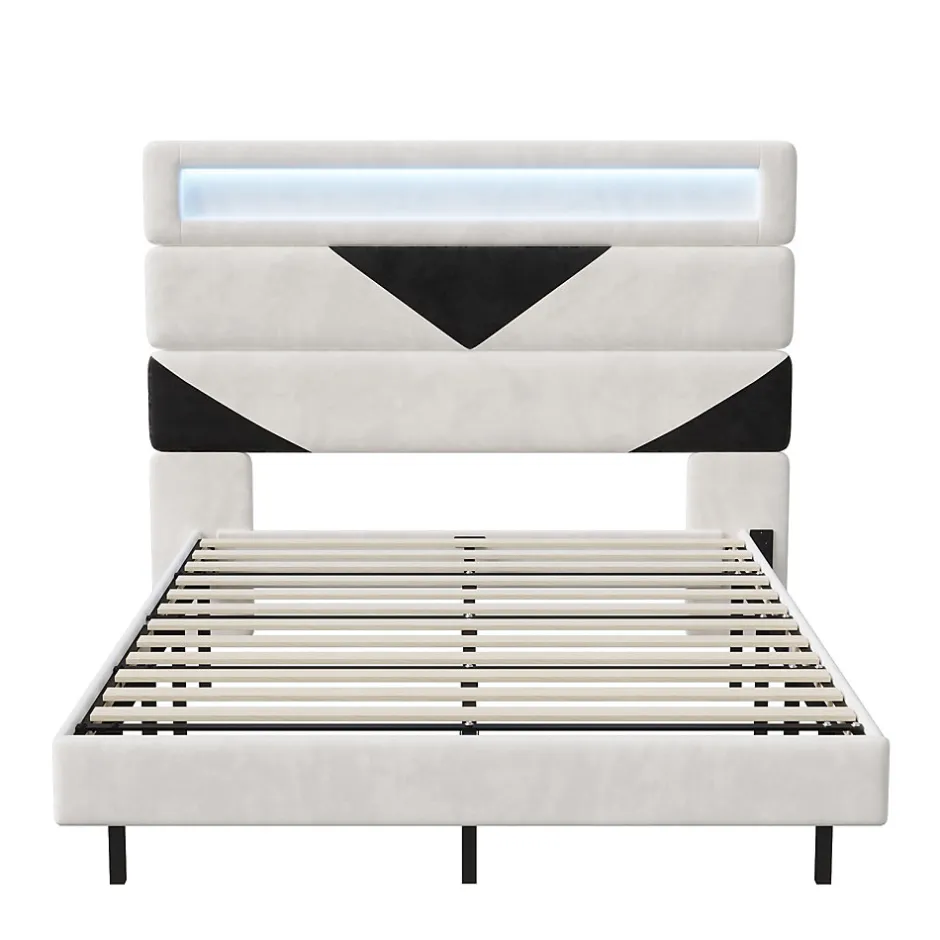 Simple Life Lit 160x200 cm, MDF, avec USB et éclairage LED, Cadre de lit, lit flottant avec Tête de lit triangle, - Blanc