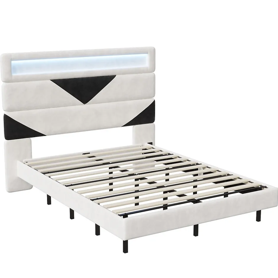 Simple Life Lit 160x200 cm, MDF, avec USB et éclairage LED, Cadre de lit, lit flottant avec Tête de lit triangle, - Blanc