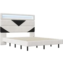 Simple Life Lit 160x200 cm, MDF, avec USB et éclairage LED, Cadre de lit, lit flottant avec Tête de lit triangle, - Blanc