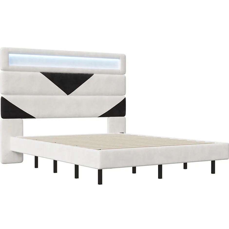 Simple Life Lit 160x200 cm, MDF, avec USB et éclairage LED, Cadre de lit, lit flottant avec Tête de lit triangle, - Blanc
