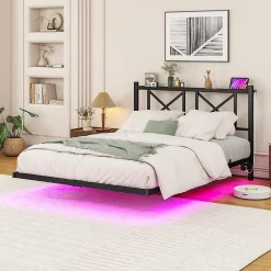 Redom Lit 120x200 cm métal noir avec effet flottant et bande LED intégrée, design contemporain et lignes épurées