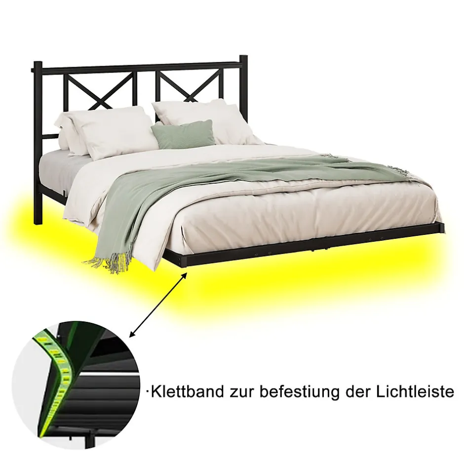 Redom Lit 120x200 cm métal noir avec effet flottant et bande LED intégrée, design contemporain et lignes épurées