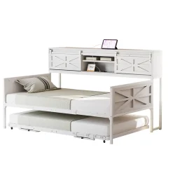 Redom Lit 90x200 cm multifonctionnel blanc avec rangements intégrés, prises électriques et cadre métal élégant