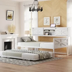 Redom Lit 90x200 cm multifonctionnel blanc avec rangements intégrés, prises électriques et cadre métal élégant