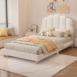 Redom Lit 90x200 cm pour enfant avec tête de lit rembourrée en plush blanc, cadre MDF, design floral et moderne Clearance