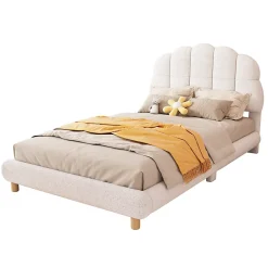 Redom Lit 90x200 cm pour enfant avec tête de lit rembourrée en plush blanc, cadre MDF, design floral et moderne Clearance