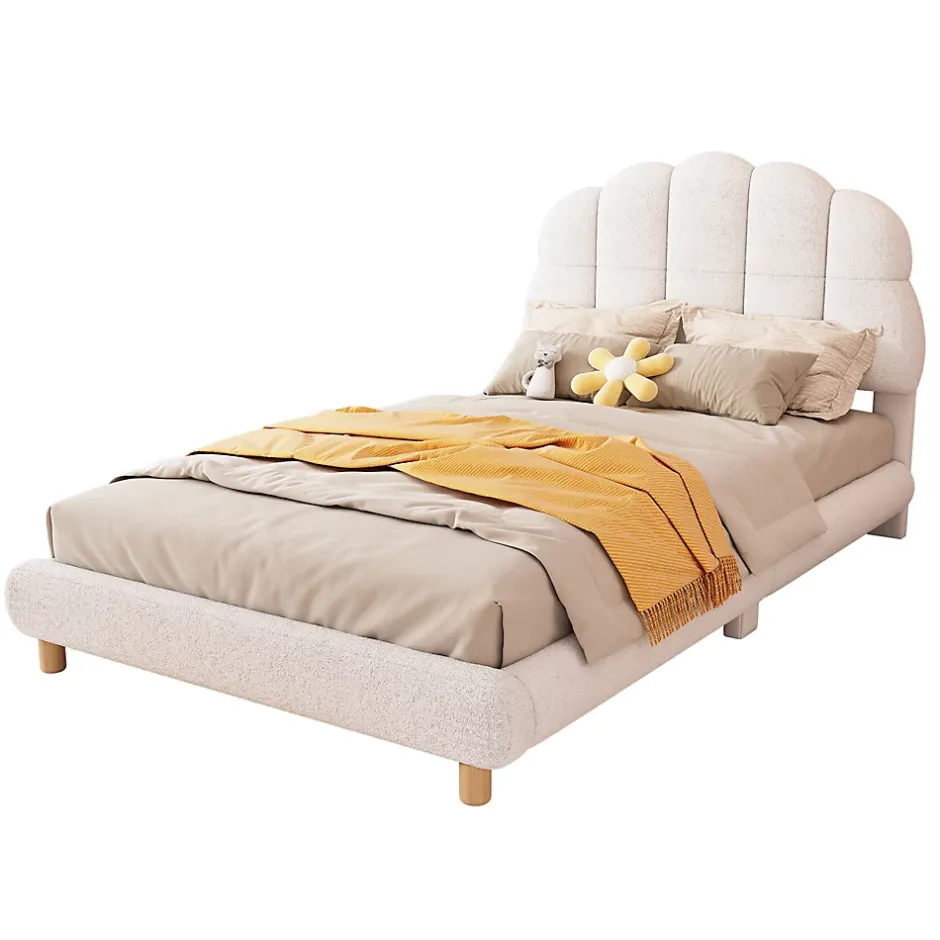 Redom Lit 90x200 cm pour enfant avec tête de lit rembourrée en plush blanc, cadre MDF, design floral et moderne Clearance