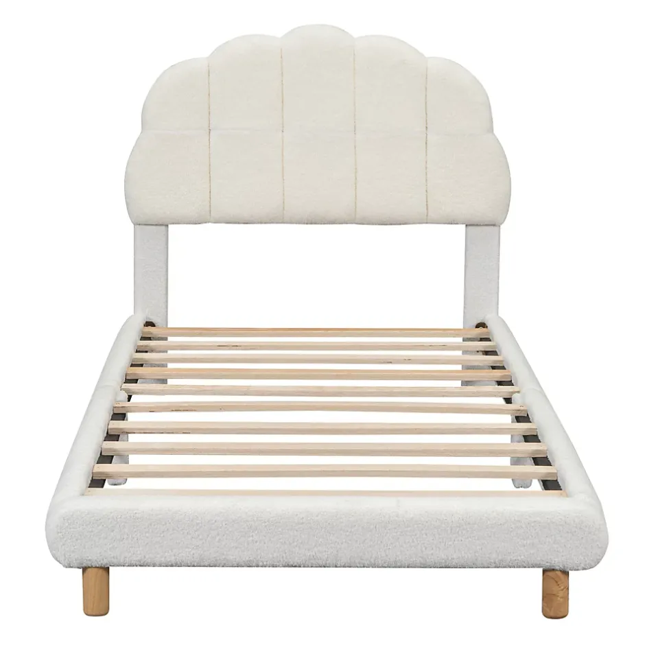 Redom Lit 90x200 cm pour enfant avec tête de lit rembourrée en plush blanc, cadre MDF, design floral et moderne Clearance