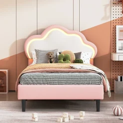 Generique Lit 90x200 cm pour fille avec LED, tête de lit nuage ajustable, sommier à lattes, PU rose