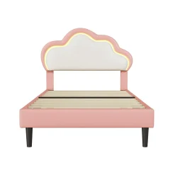 Generique Lit 90x200 cm pour fille avec LED, tête de lit nuage ajustable, sommier à lattes, PU rose