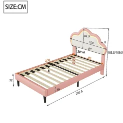 Generique Lit 90x200 cm pour fille avec LED, tête de lit nuage ajustable, sommier à lattes, PU rose