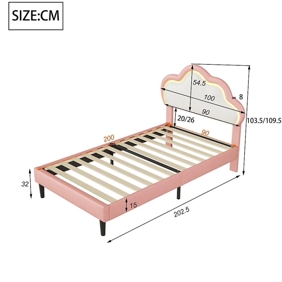Generique Lit 90x200 cm pour fille avec LED, tête de lit nuage ajustable, sommier à lattes, PU rose