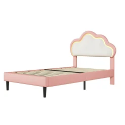 Generique Lit 90x200 cm pour fille avec LED, tête de lit nuage ajustable, sommier à lattes, PU rose