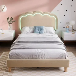 Redom Lit 90x190 cm rembourré en lin beige avec tête de lit pouf LED réglable, cadre robuste et style contemporain