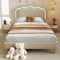 Redom Lit 90x190 cm rembourré en lin beige avec tête de lit pouf LED réglable, cadre robuste et style contemporain