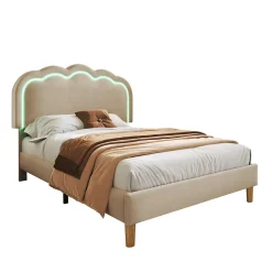 Redom Lit 90x190 cm rembourré en lin beige avec tête de lit pouf LED réglable, cadre robuste et style contemporain