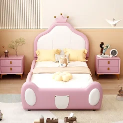 Redom Lit 90x200 cm rembourré en simili cuir bicolore blanc et rose avec tête en forme de couronne, design enfant Outlet