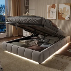 Redom Lit 140x200 cm sans tête, coffre hydraulique avec LED blanche intégrée, tapissé flanelle beige, cadre métal 150 kg