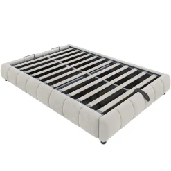 Redom Lit 140x200 cm sans tête, coffre hydraulique avec LED blanche intégrée, tapissé flanelle beige, cadre métal 150 kg