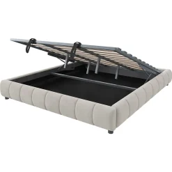 Redom Lit 180x200 cm sans tête de lit avec rangement hydraulique et bande LED blanche, revêtement flanellette beige Clearance