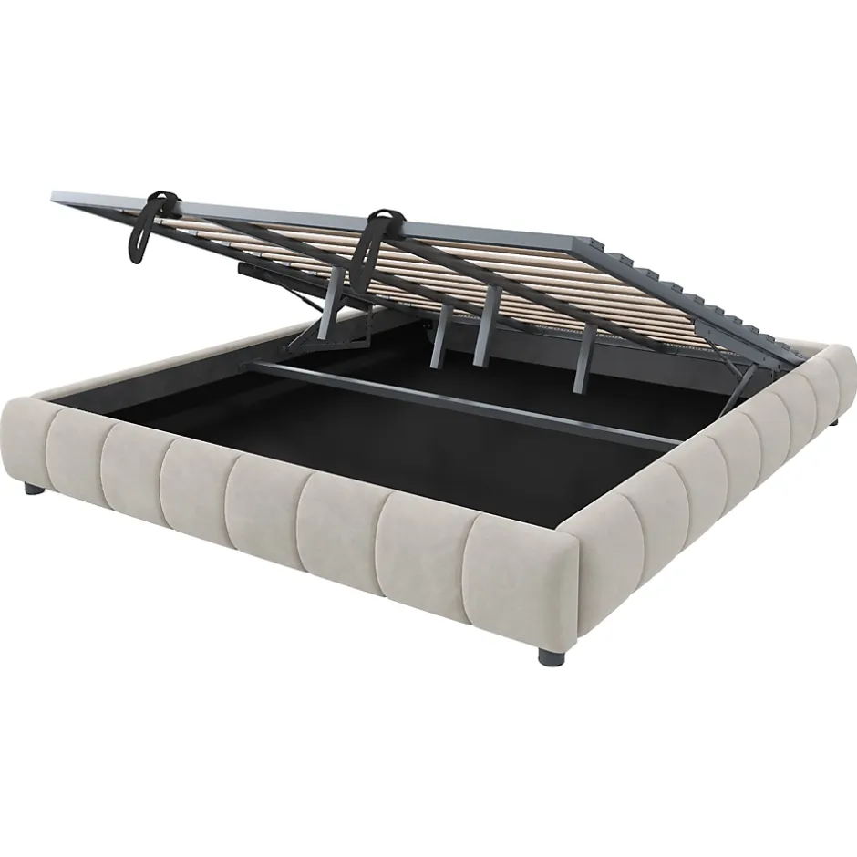 Redom Lit 180x200 cm sans tête de lit avec rangement hydraulique et bande LED blanche, revêtement flanellette beige Clearance