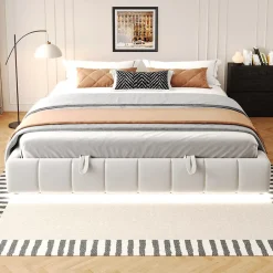 Redom Lit 180x200 cm sans tête de lit avec rangement hydraulique et bande LED blanche, revêtement flanellette beige Clearance
