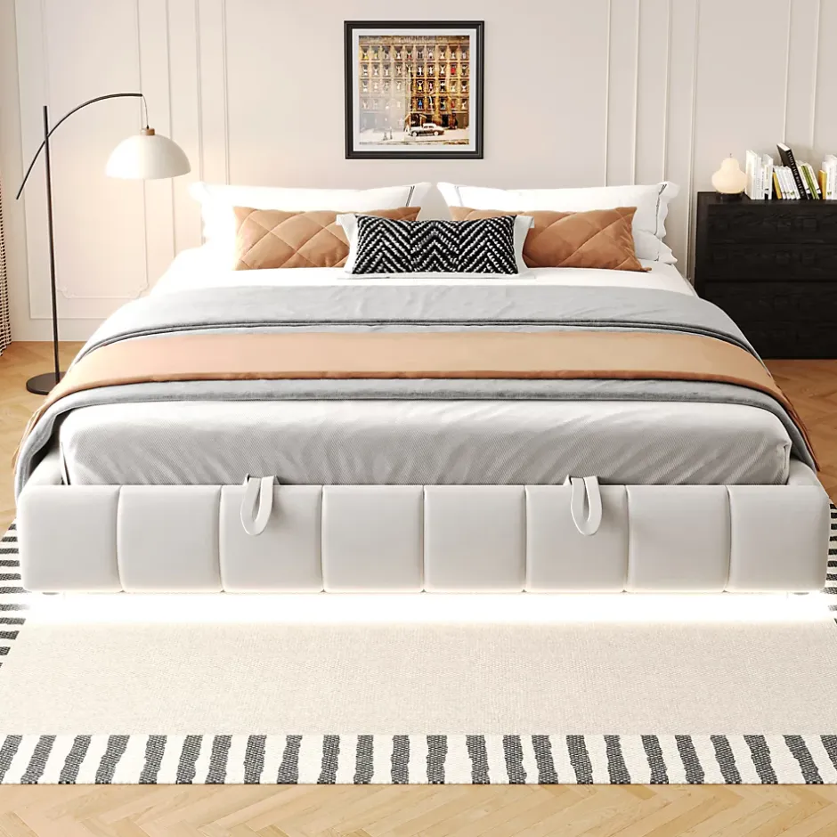 Redom Lit 180x200 cm sans tête de lit avec rangement hydraulique et bande LED blanche, revêtement flanellette beige Clearance