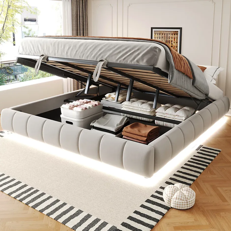 Redom Lit 180x200 cm sans tête de lit avec rangement hydraulique et bande LED blanche, revêtement flanellette beige Clearance