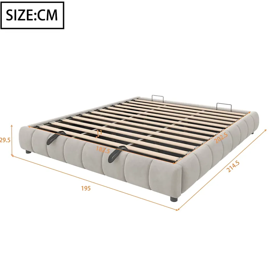 Redom Lit 180x200 cm sans tête de lit avec rangement hydraulique et bande LED blanche, revêtement flanellette beige Clearance