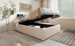 Redom Lit 90x200 cm sommier relevable avec coffre de rangement tapissé lin naturel USB et Type C intégrés Best