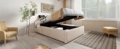 Redom Lit 90x200 cm sommier relevable avec coffre de rangement tapissé lin naturel USB et Type C intégrés Best