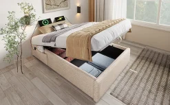 Redom Lit 90x200 cm sommier relevable avec coffre de rangement tapissé lin naturel USB et Type C intégrés Best