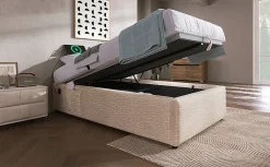 Redom Lit 90x200 cm sommier relevable avec coffre de rangement tapissé lin naturel USB et Type C intégrés Best