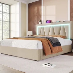 Redom Lit 160x200 cm sommier relevable avec coffre de rangement et tête de lit réglable, tapissé lin beige