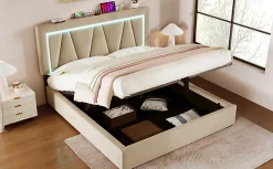 Redom Lit 160x200 cm sommier relevable avec coffre de rangement et tête de lit réglable, tapissé lin beige