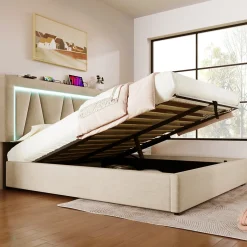 Redom Lit 160x200 cm sommier relevable avec coffre de rangement et tête de lit réglable, tapissé lin beige