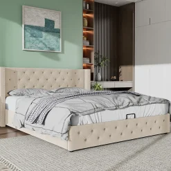 Redom Lit 160x200 cm style Chesterfield avec tête haute 94,5 cm, revêtement velours beige et rangement hydraulique Discount