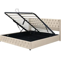 Redom Lit 160x200 cm style Chesterfield avec tête haute 94,5 cm, revêtement velours beige et rangement hydraulique Discount